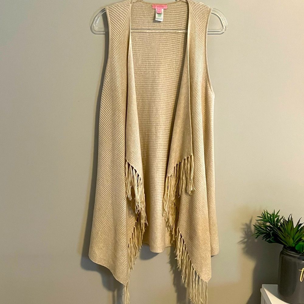LILLY PULITZER | Sm | Sweater Vest | Fringe | Gold Metallic Threads